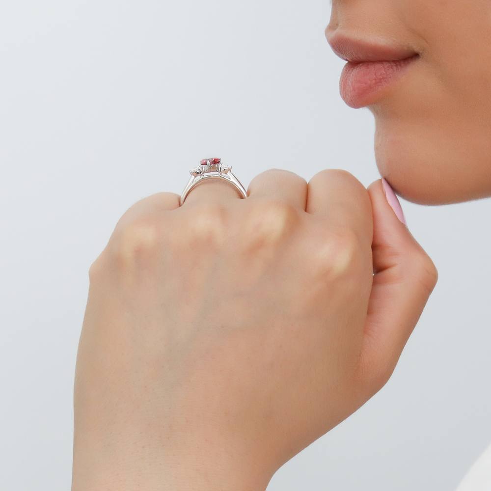 3-Stone Red Heart CZ Ring in Sterling Silver