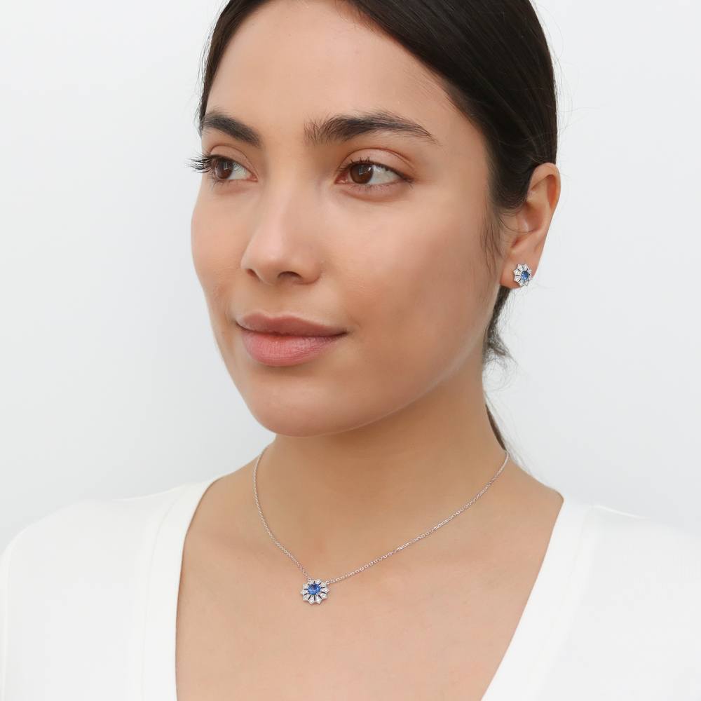 Halo Flower Milgrain Blue CZ Necklace in Sterling Silver