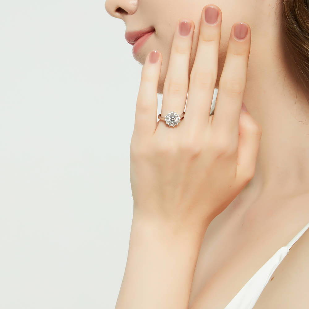 Model wearing Halo Round CZ Ring in Sterling Silver, 2 of 8