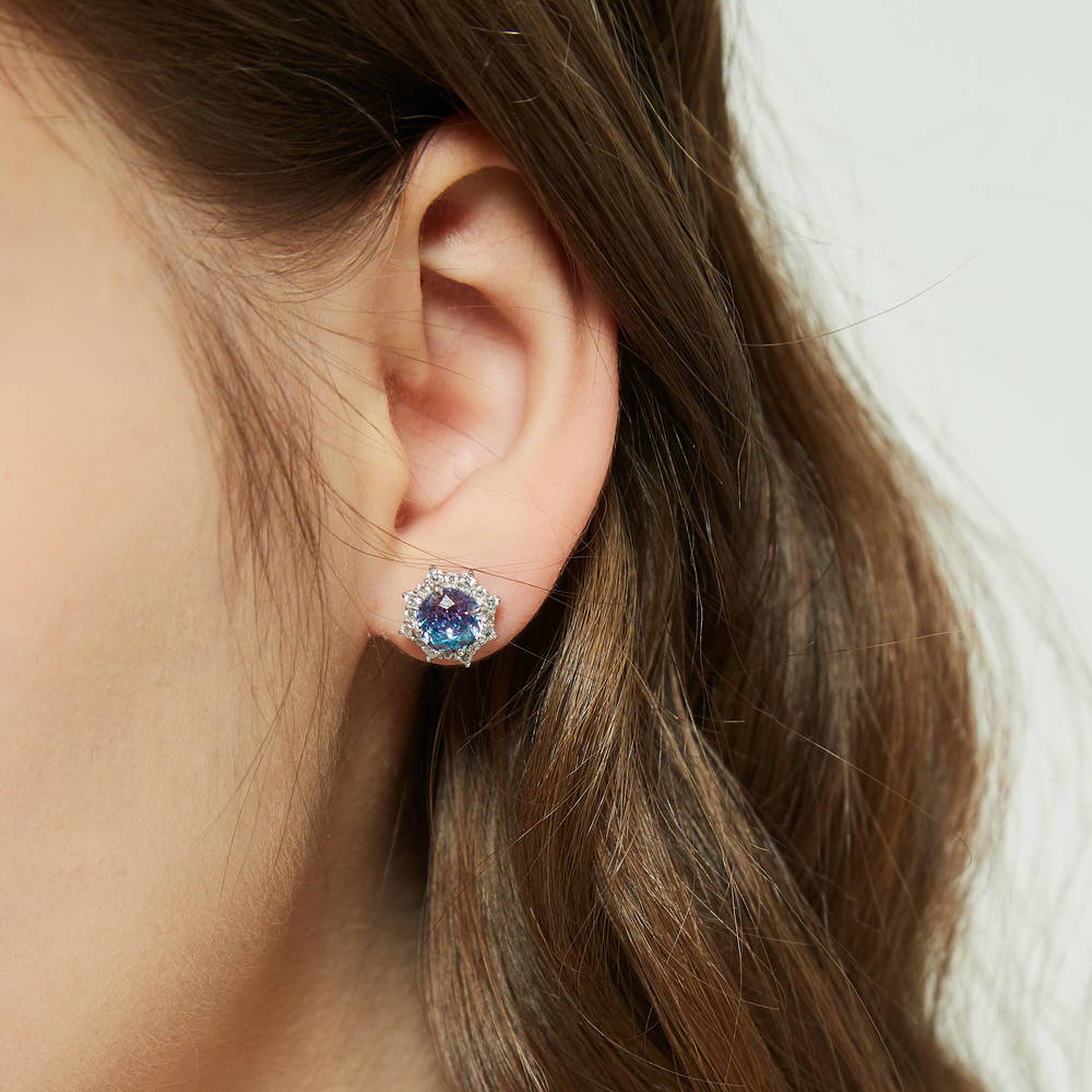 Sunburst Halo CZ Stud Earrings in Sterling Silver