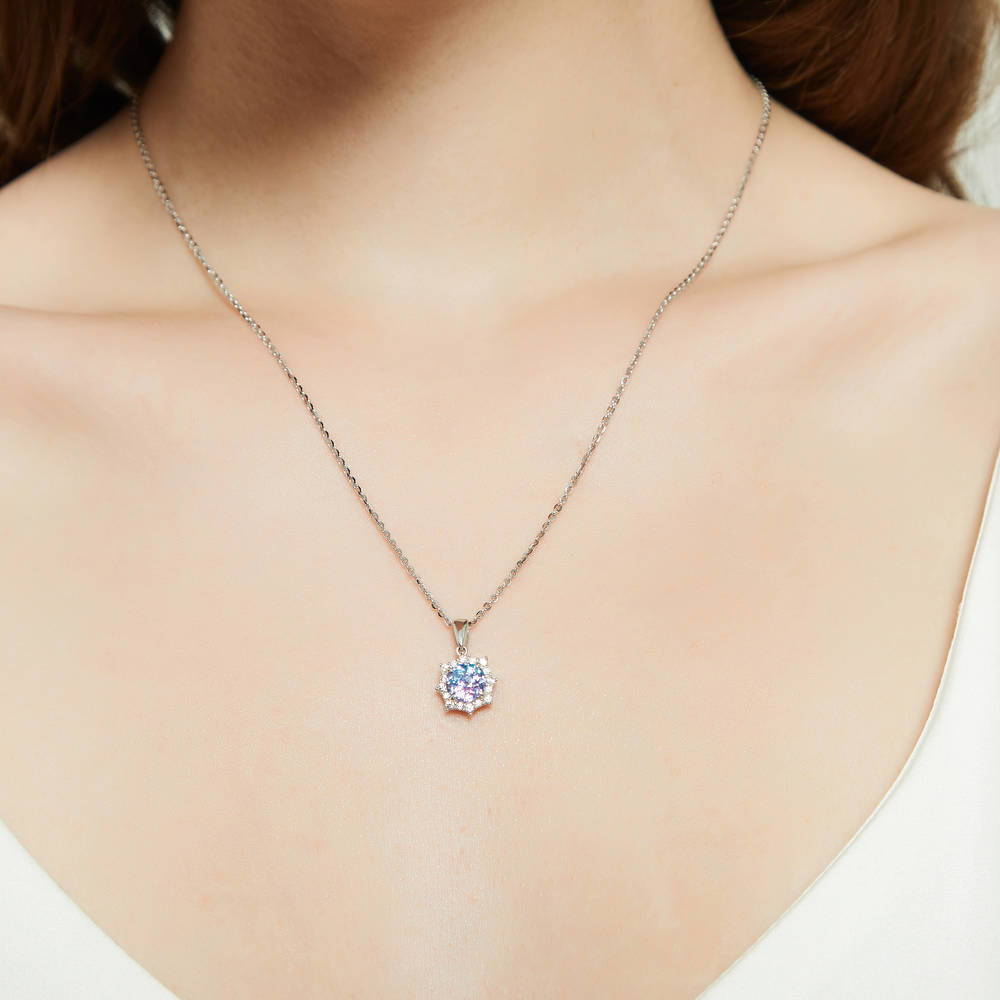 Halo Kaleidoscope Purple Aqua Round CZ Set in Sterling Silver