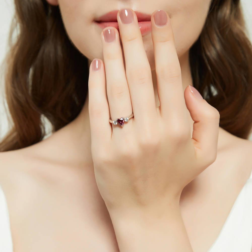 3-Stone Red Heart CZ Ring in Sterling Silver