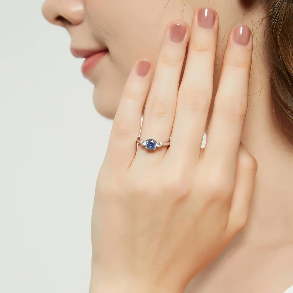 3-Stone Kaleidoscope Purple Aqua Round CZ Ring in Sterling Silver