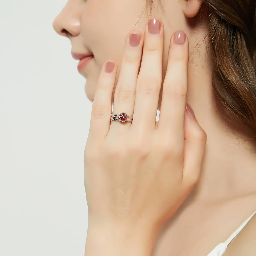 Solitaire Kaleidoscope Red Orange CZ Ring Set in Sterling Silver
