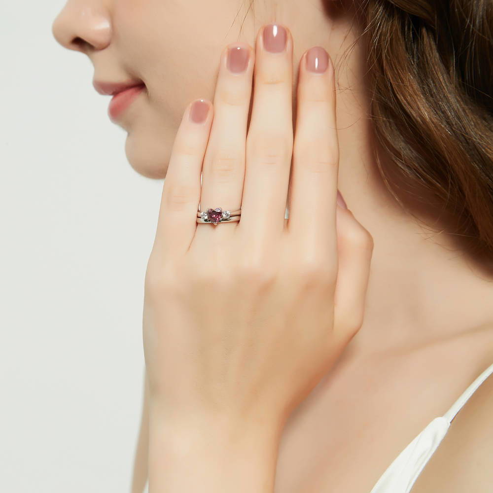 3-Stone Red Heart CZ Ring Set in Sterling Silver
