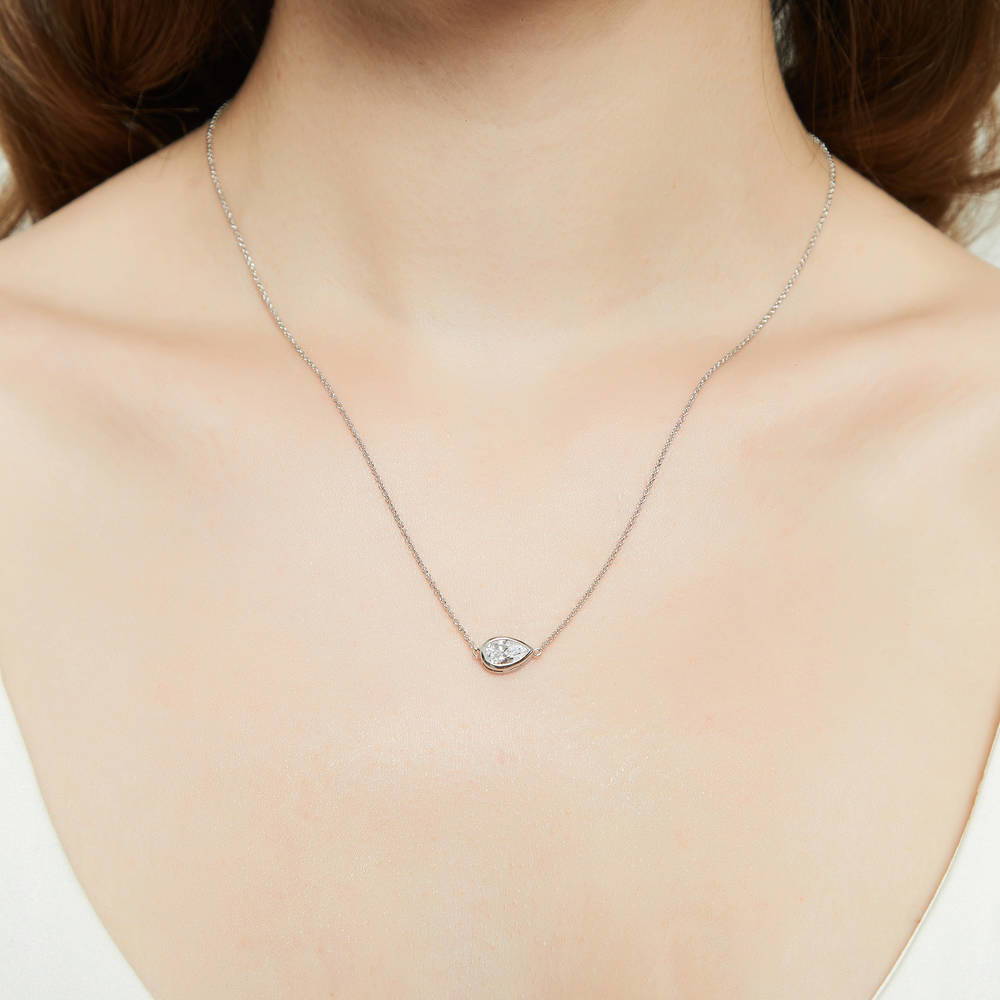 East-West Solitaire Bezel Set CZ Pendant Necklace in Sterling Silver