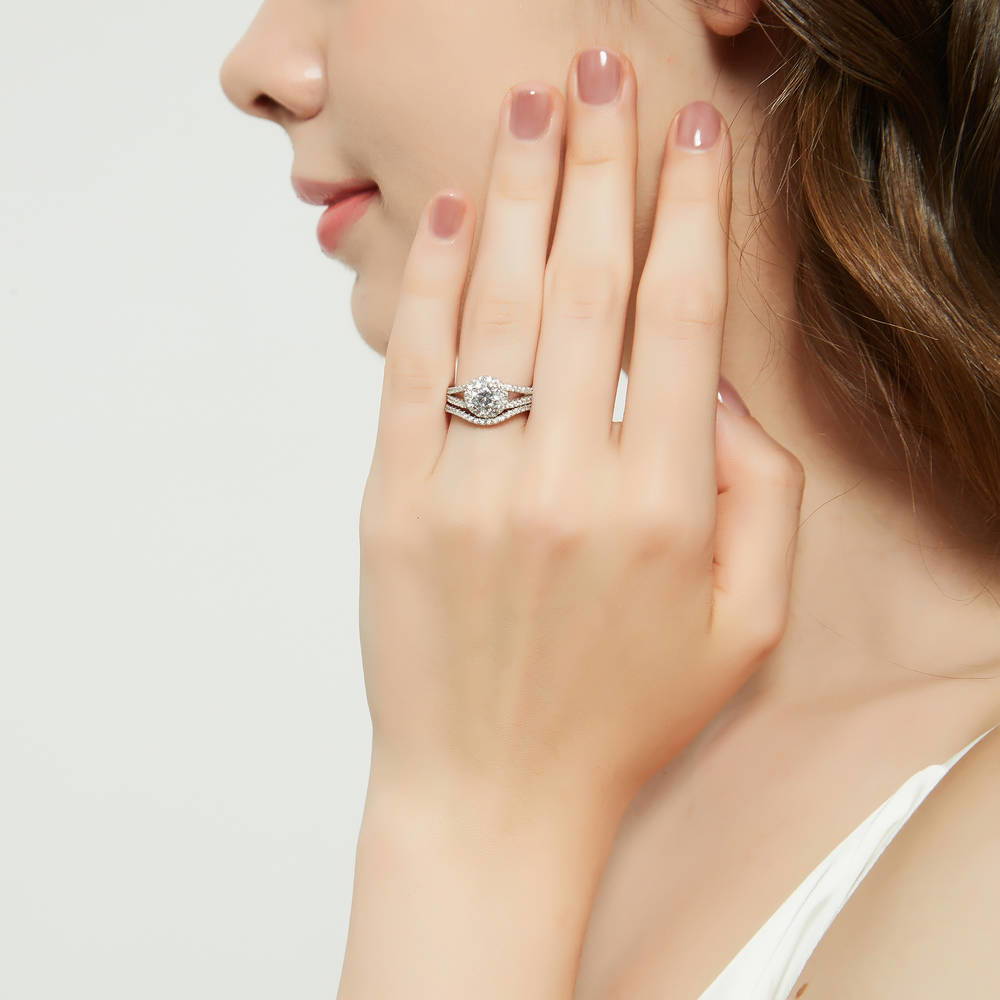Halo Wishbone CZ Split Shank Ring Set in Sterling Silver