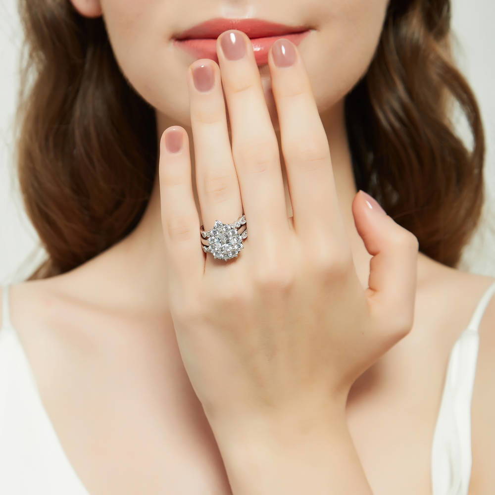 Model wearing Halo Pear CZ Ring Set in Sterling Silver, 2 of 17