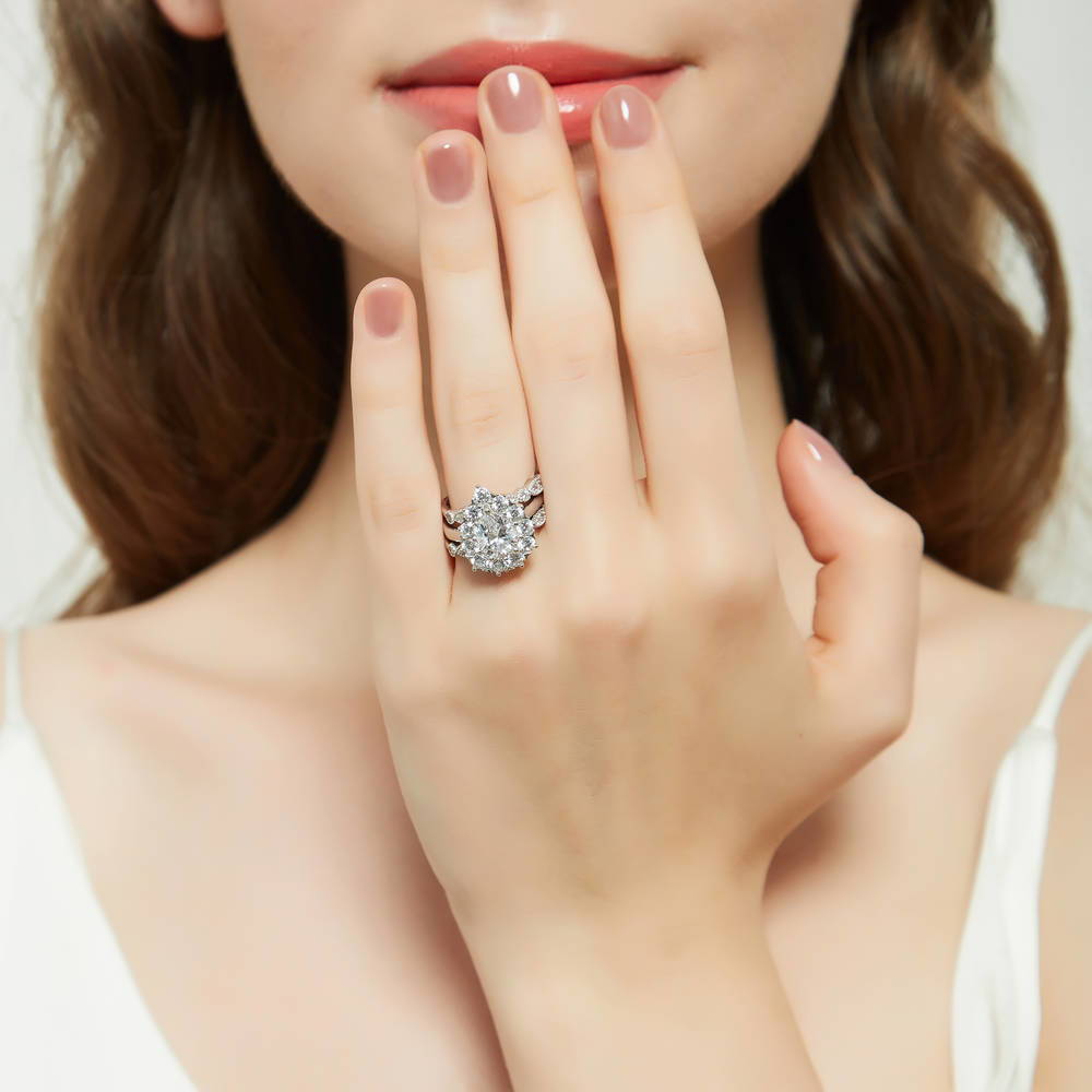 Halo Milgrain Art Deco Pear CZ Ring Set in Sterling Silver