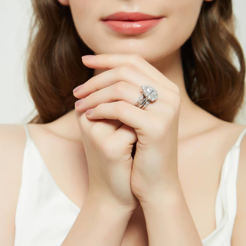 Model wearing Halo Pear CZ Ring Set in Sterling Silver, 7 of 17