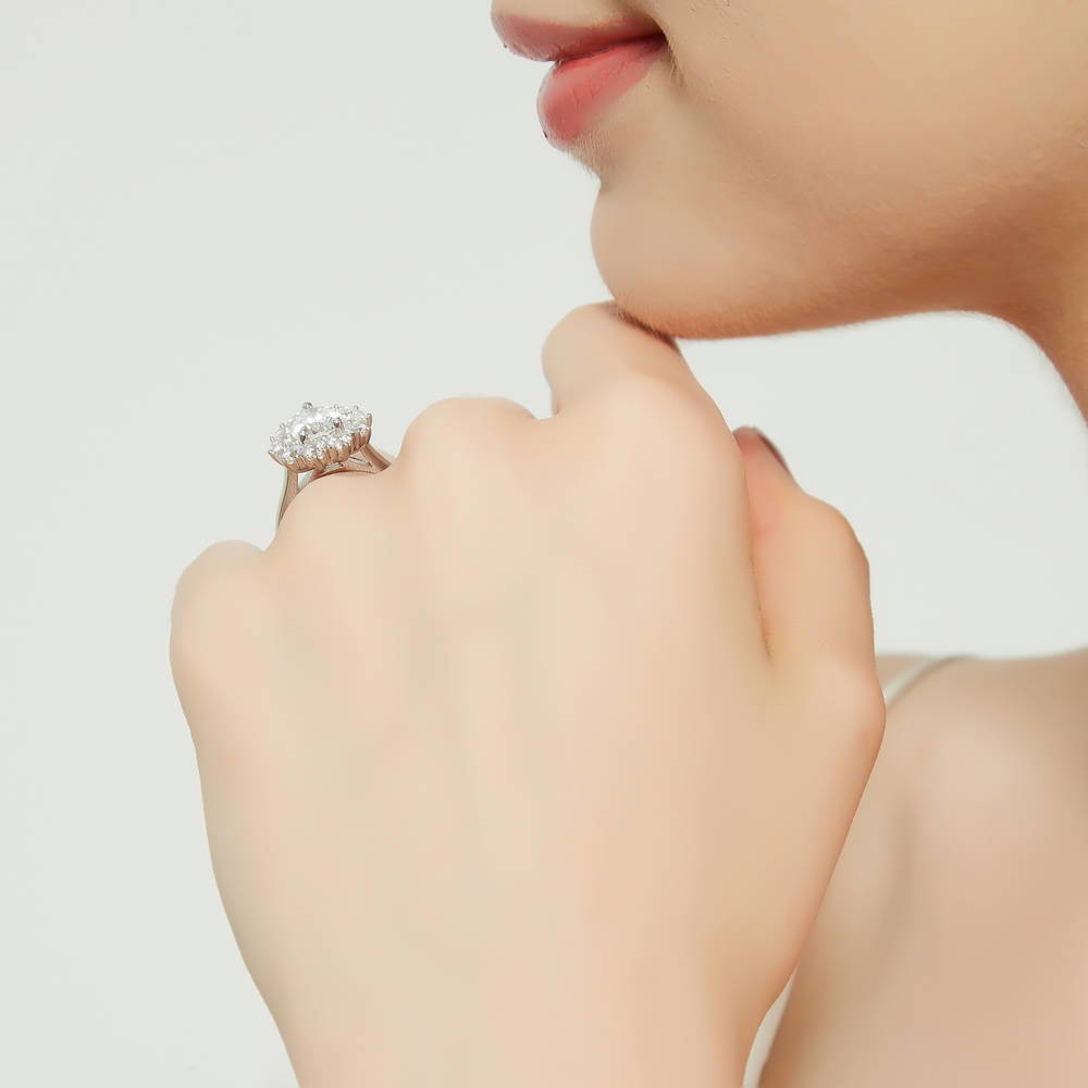 Model wearing Halo Pear CZ Statement Ring in Sterling Silver, 9 of 12