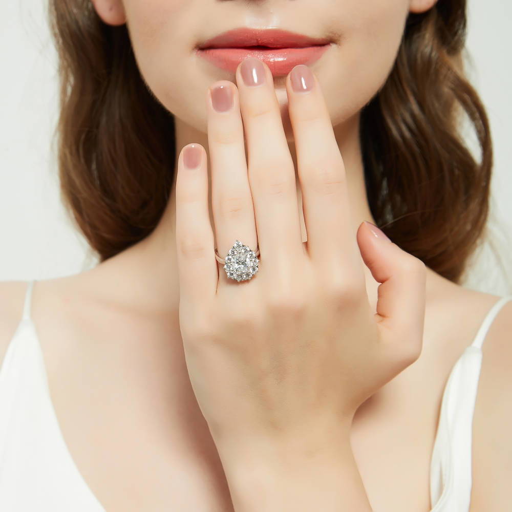Model wearing Halo Pear CZ Statement Ring in Sterling Silver, 2 of 12