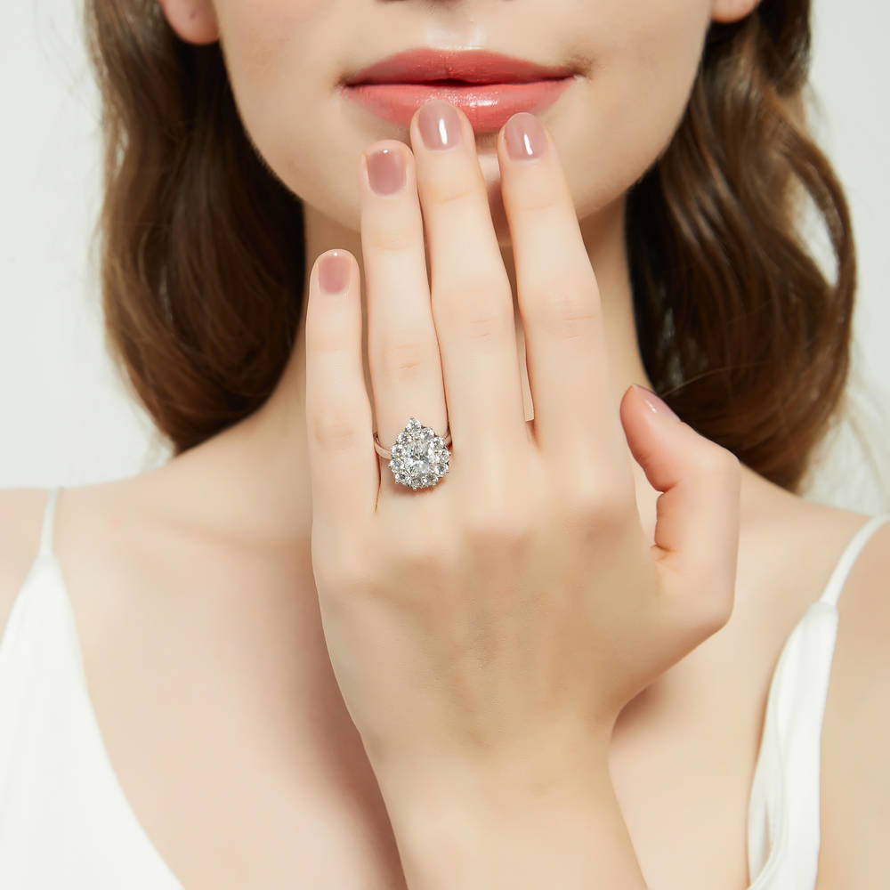 Halo Milgrain Art Deco Pear CZ Ring Set in Sterling Silver