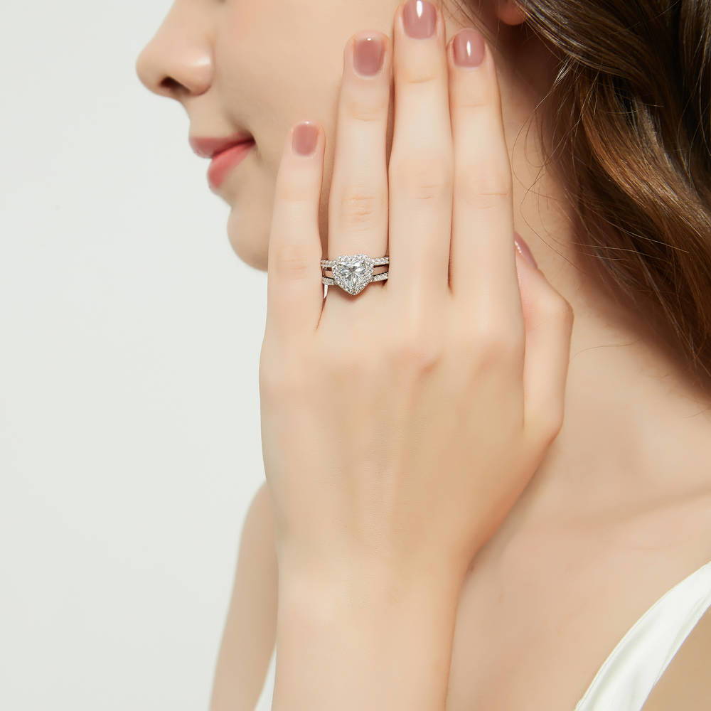 Halo Heart CZ Ring Set in Sterling Silver