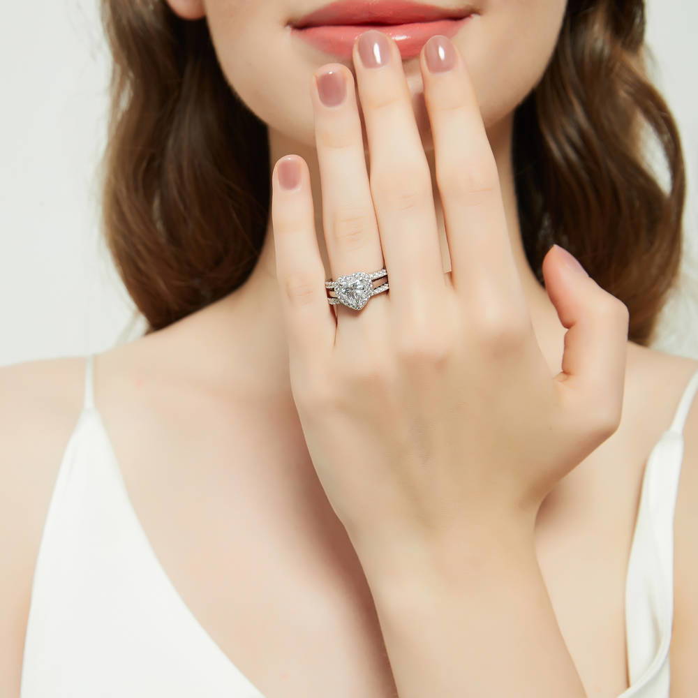 Halo Heart CZ Ring Set in Sterling Silver
