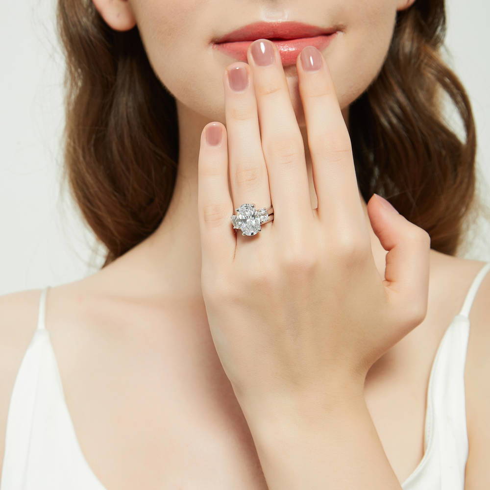 Model wearing 3-Stone Oval CZ Ring Set in Sterling Silver, 2 of 17