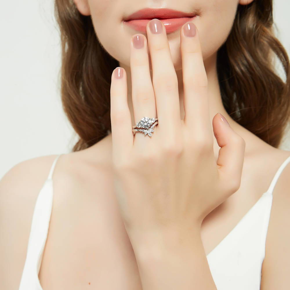 3-Stone Flower 7-Stone Wishbone CZ Ring Set in Sterling Silver
