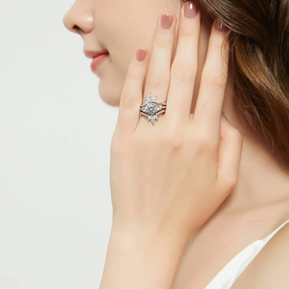 3-Stone Flower 7-Stone Wishbone CZ Ring Set in Sterling Silver