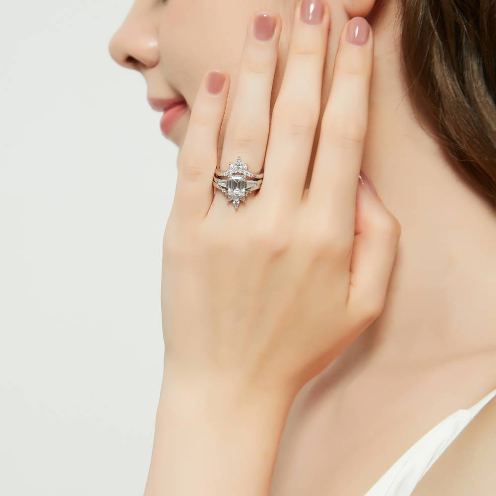 3-Stone Flower 7-Stone Wishbone CZ Ring Set in Sterling Silver
