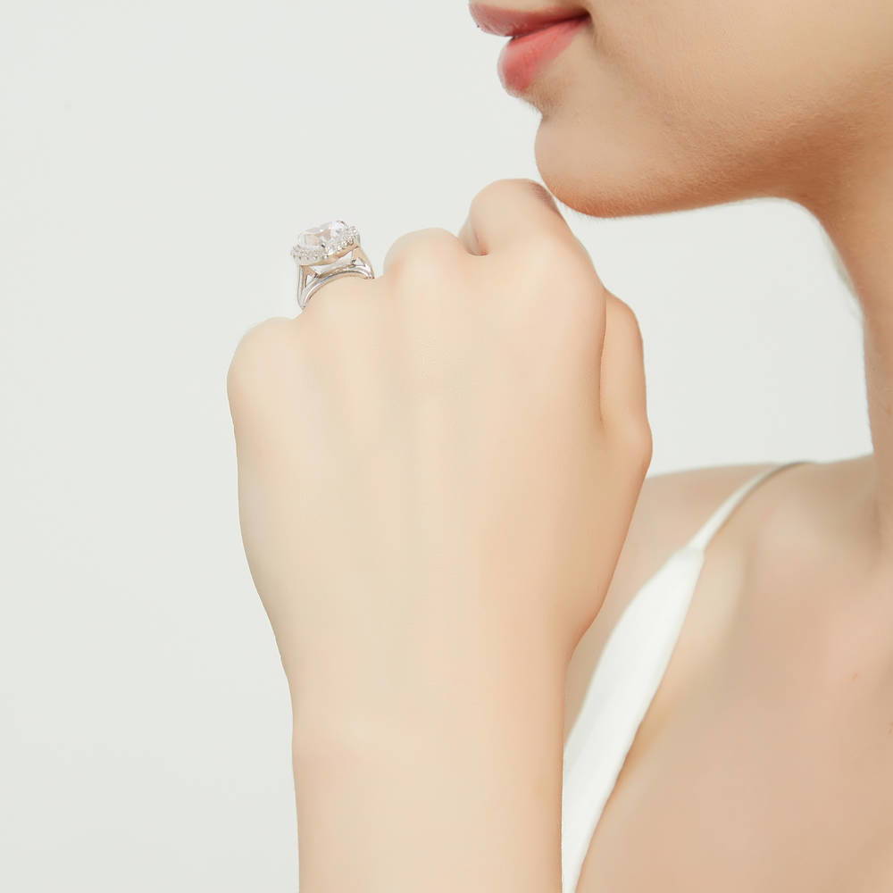 Halo Heart CZ Ring Set in Sterling Silver