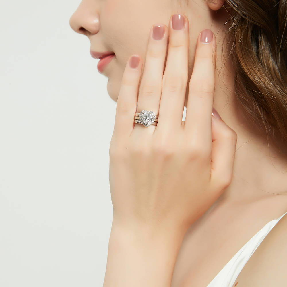 Halo Heart CZ Ring Set in Sterling Silver