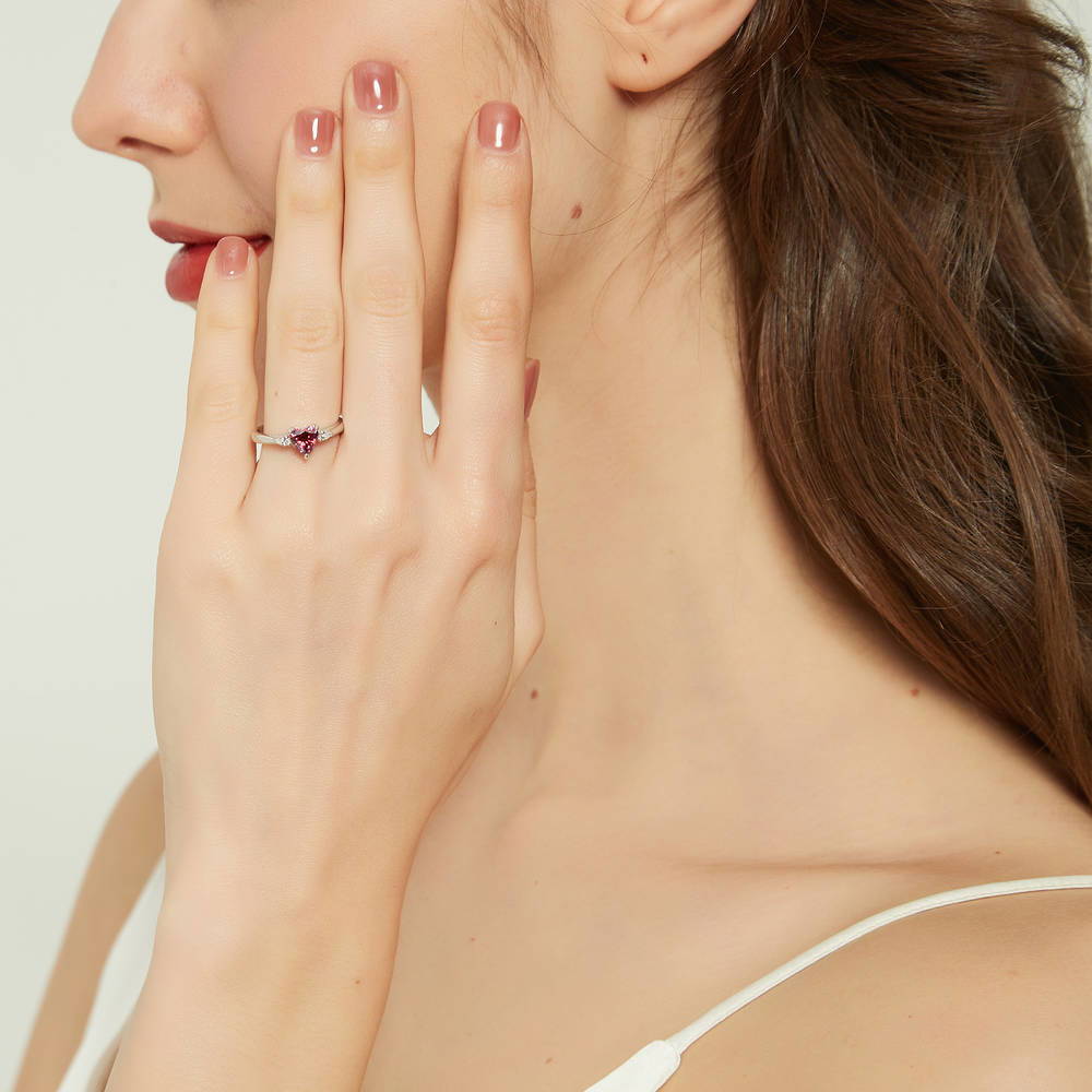 3-Stone Red Heart CZ Ring in Sterling Silver