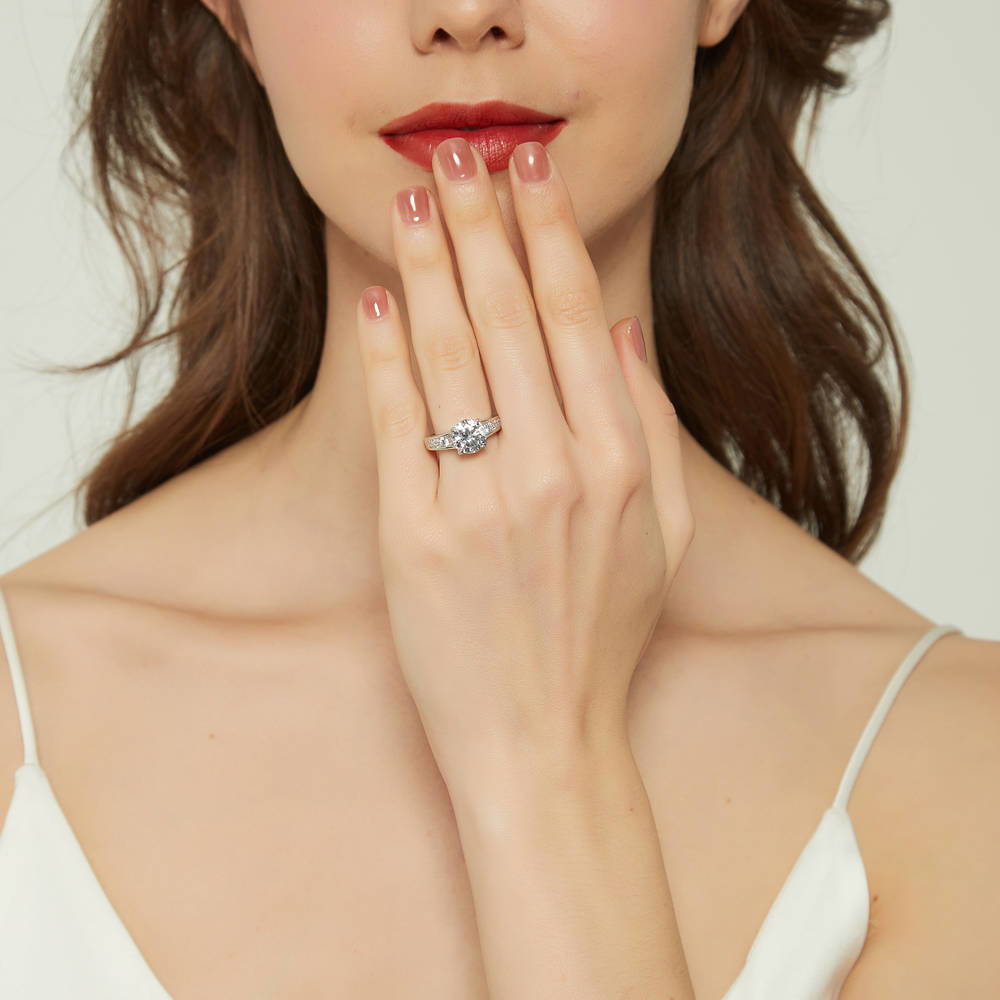 Model wearing Solitaire 2.7ct Round CZ Ring Set in Sterling Silver, 10 of 19