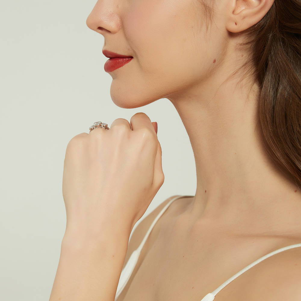 Model wearing 3-Stone Oval CZ Ring in Sterling Silver, 7 of 8