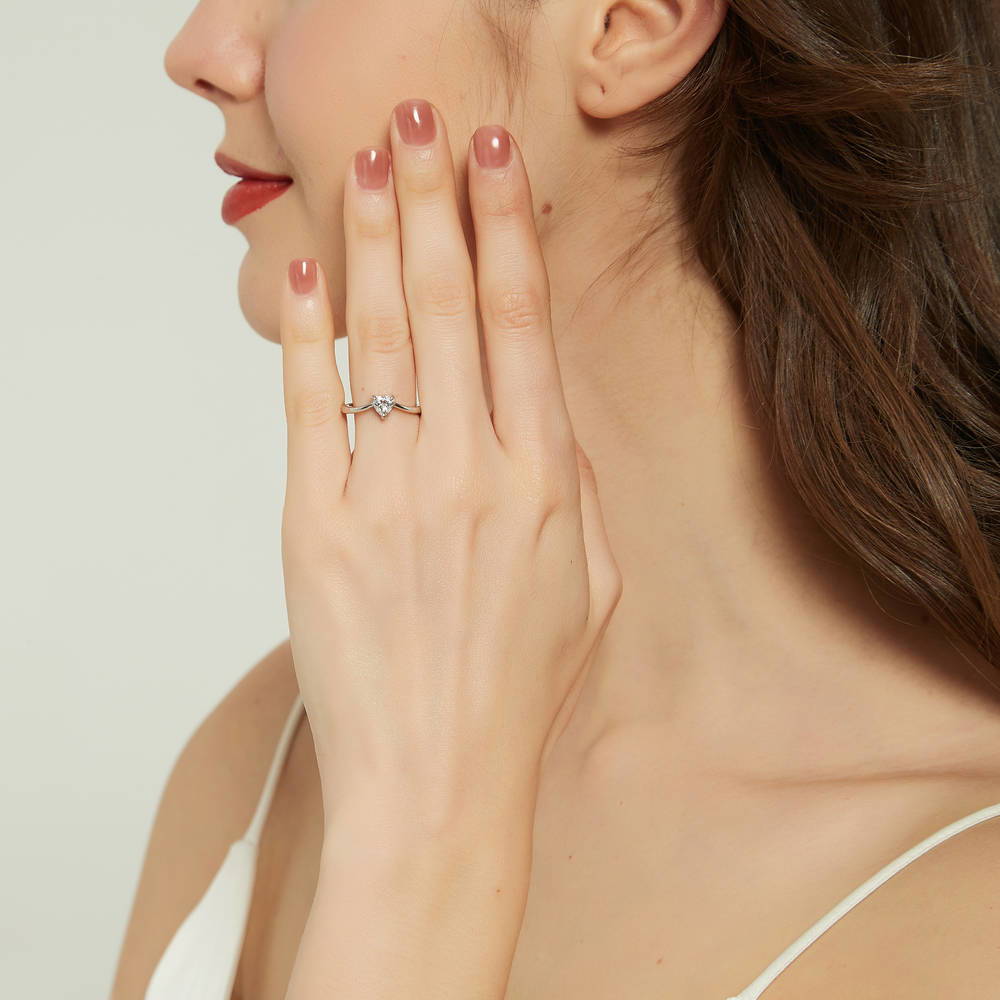 Solitaire Bow Tie Heart Heart CZ Ring Set in Sterling Silver