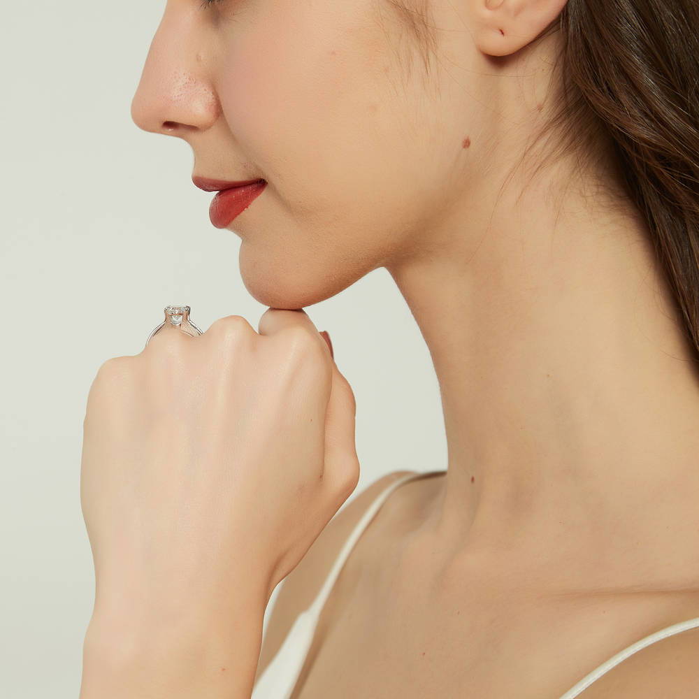 Model wearing Solitaire 2.5ct Oval CZ Ring in Sterling Silver, 7 of 8