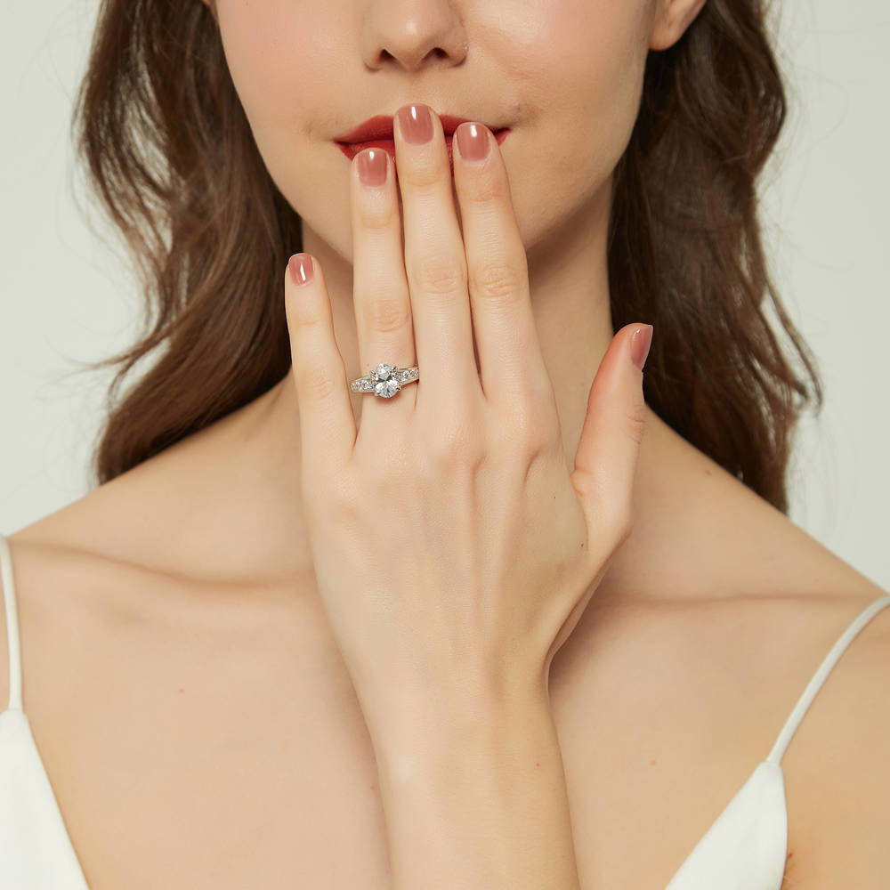 Model wearing Solitaire 2.5ct Oval CZ Ring in Sterling Silver, 2 of 8