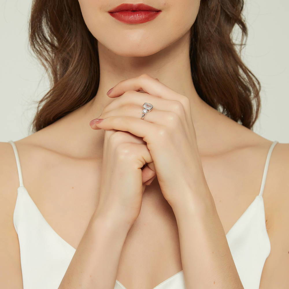 3-Stone Step Emerald Cut CZ Ring in Sterling Silver