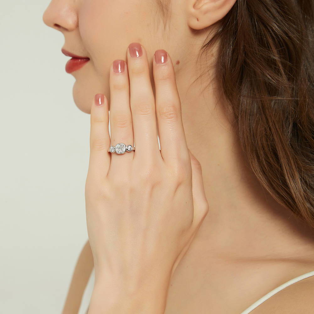 3-Stone 1.25ct Cushion CZ Ring in Sterling Silver