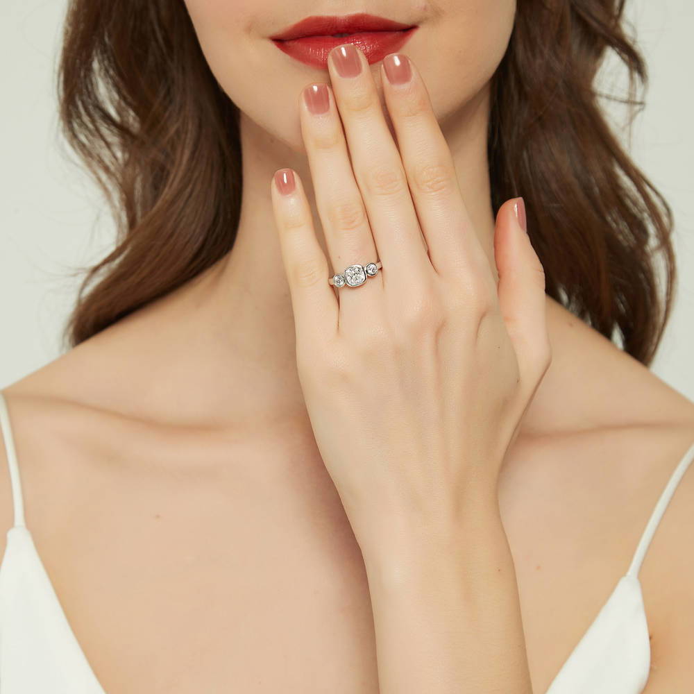Model wearing 3-Stone Cushion CZ Ring in Sterling Silver, 2 of 8