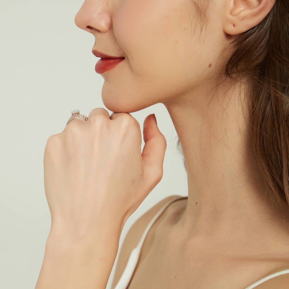 Model wearing Solitaire 0.8ct Round CZ Ring in Sterling Silver, 7 of 8