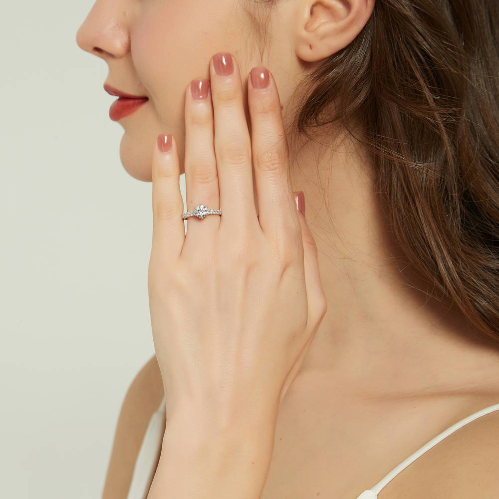 Model wearing Solitaire 0.8ct Round CZ Ring in Sterling Silver, 2 of 8