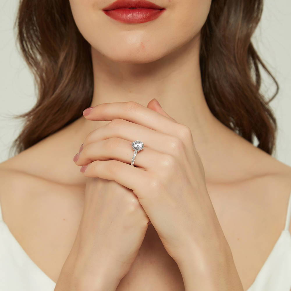 Model wearing Solitaire 2.7ct Round CZ Ring in Sterling Silver, 6 of 8