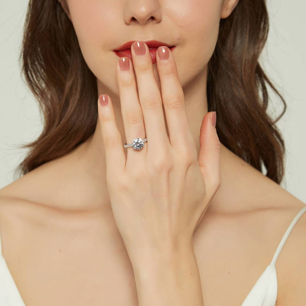 Model wearing Solitaire 2.7ct Round CZ Ring in Sterling Silver, 2 of 8