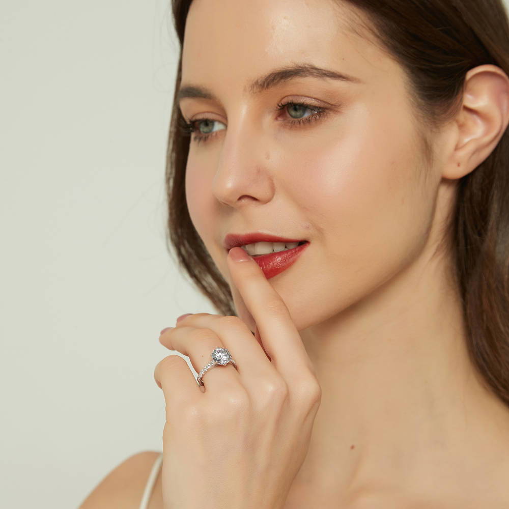 Model wearing Solitaire 2.7ct Round CZ Ring in Sterling Silver, 3 of 8