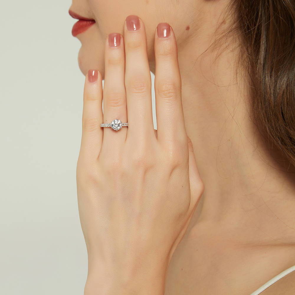 Model wearing Solitaire 1.25ct Round CZ Ring Set in Sterling Silver, 5 of 13