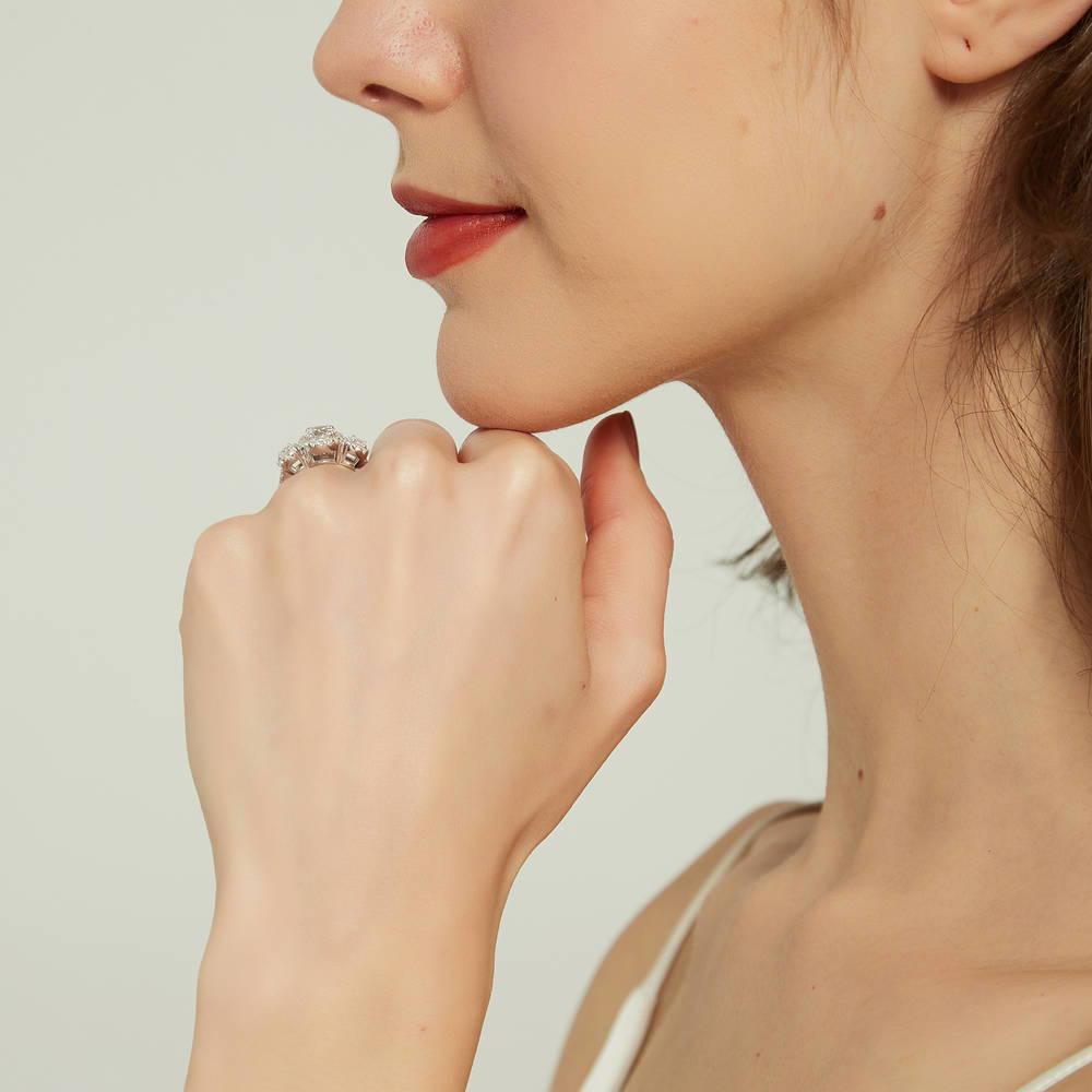 Model wearing 3-Stone Round CZ Ring in Sterling Silver, 7 of 8