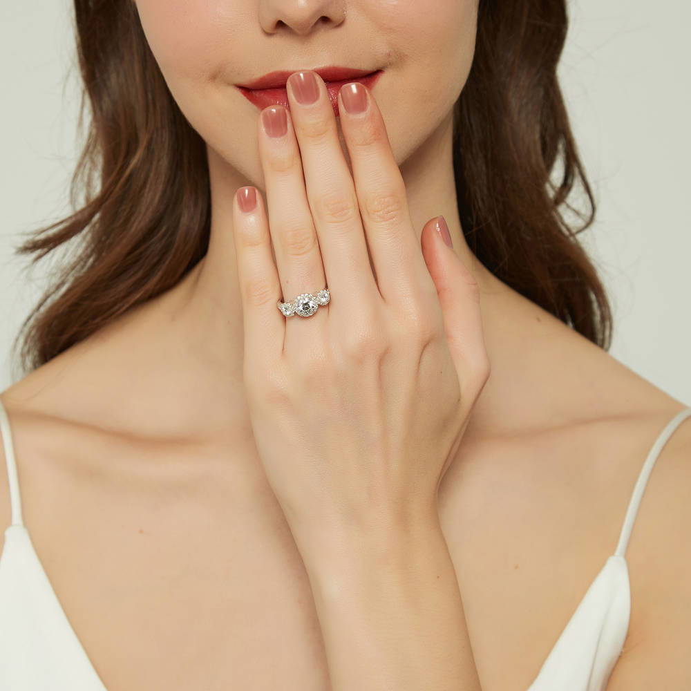 Model wearing 3-Stone Round CZ Ring in Sterling Silver, 2 of 8