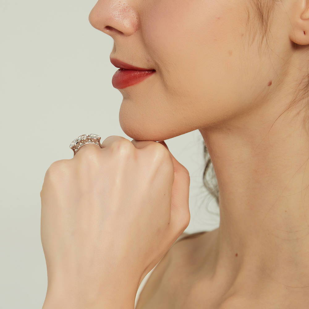 Model wearing 3-Stone Round CZ Ring in Sterling Silver, 9 of 9