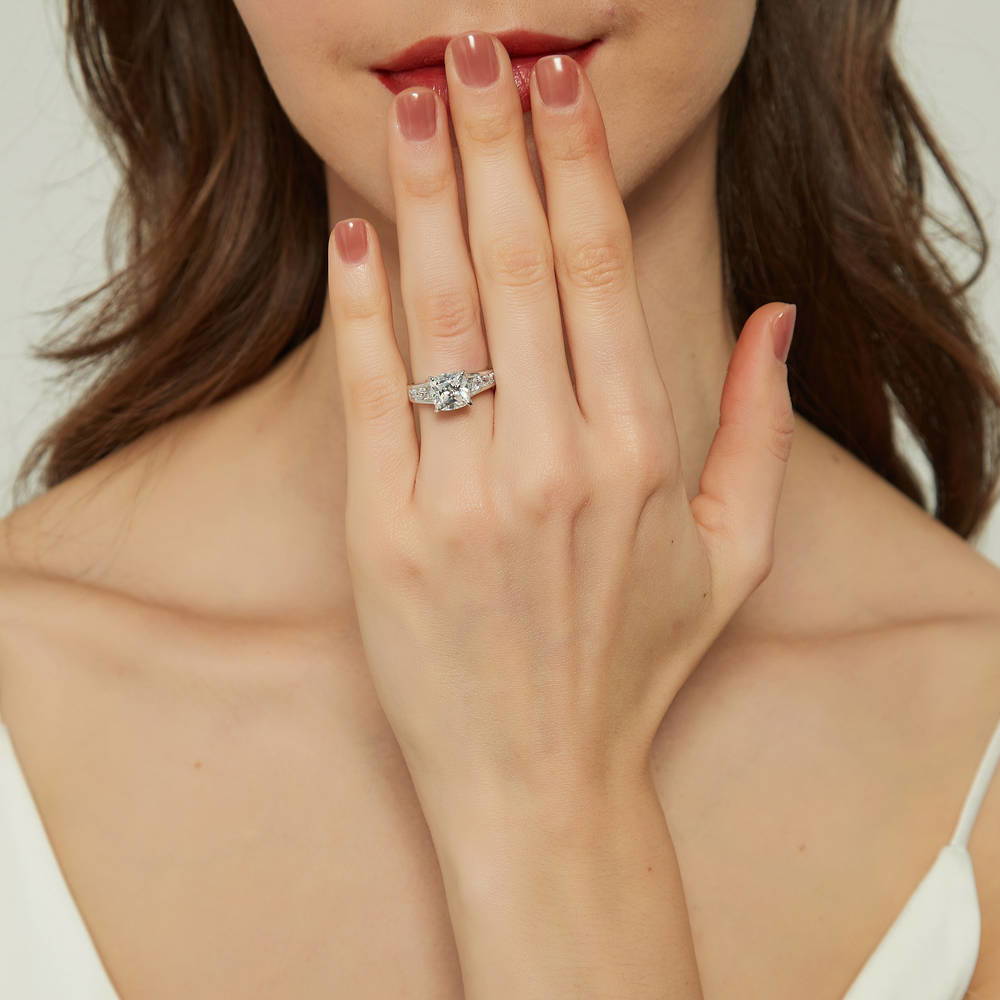 Model wearing Solitaire 3ct Cushion CZ Ring in Sterling Silver, 3 of 8