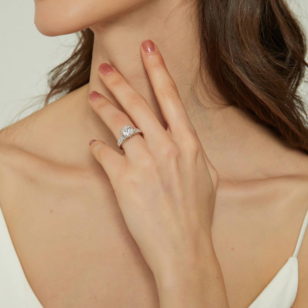 Model wearing Solitaire 3ct Cushion CZ Ring in Sterling Silver, 2 of 8