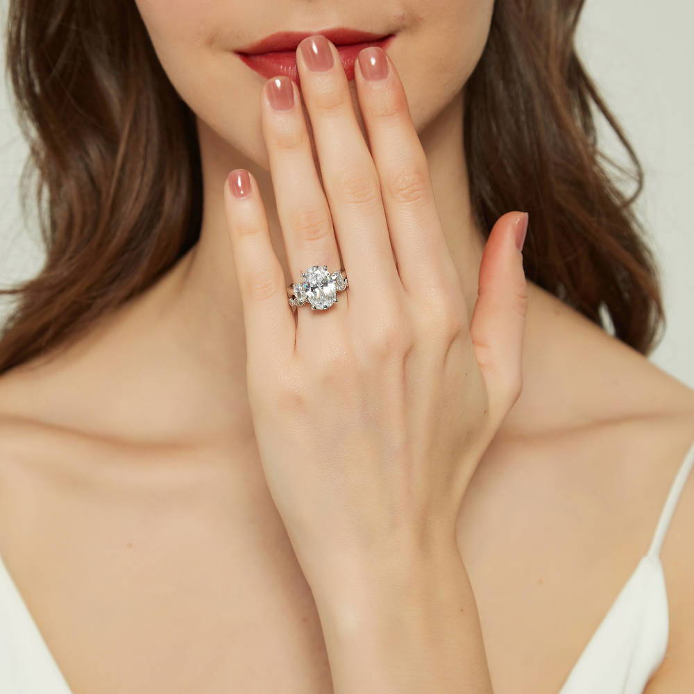 Model wearing 3-Stone Oval CZ Ring Set in Sterling Silver, 2 of 18