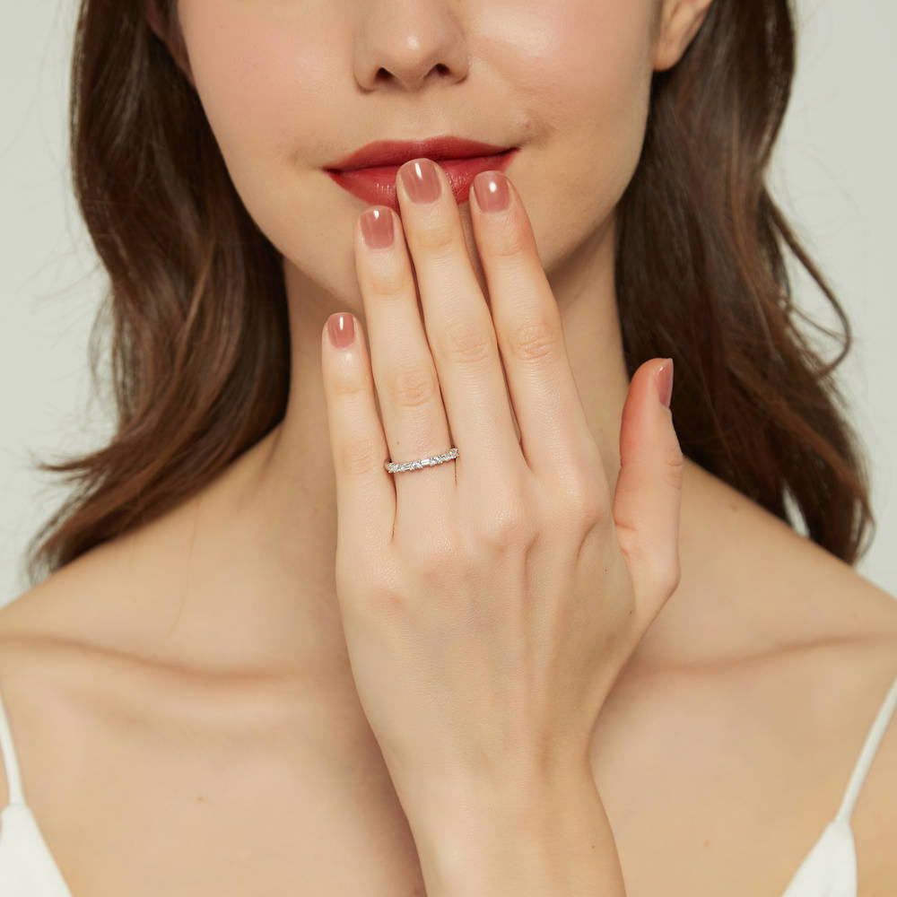 Model wearing Solitaire Art Deco 2.1ct Emerald Cut CZ Ring Set in Sterling Silver, 13 of 16