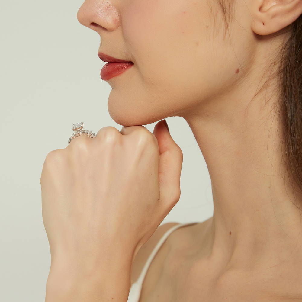 Solitaire Art Deco Emerald Cut CZ Ring Set in Sterling Silver