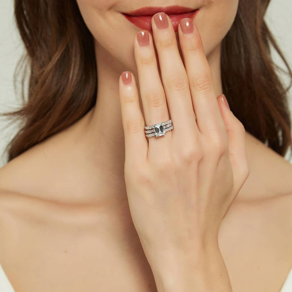 Model wearing Solitaire Art Deco 2.1ct Emerald Cut CZ Ring Set in Sterling Silver, 2 of 16