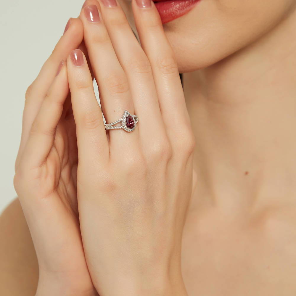 Halo Wishbone Red Pear CZ Split Shank Ring Set in Sterling Silver